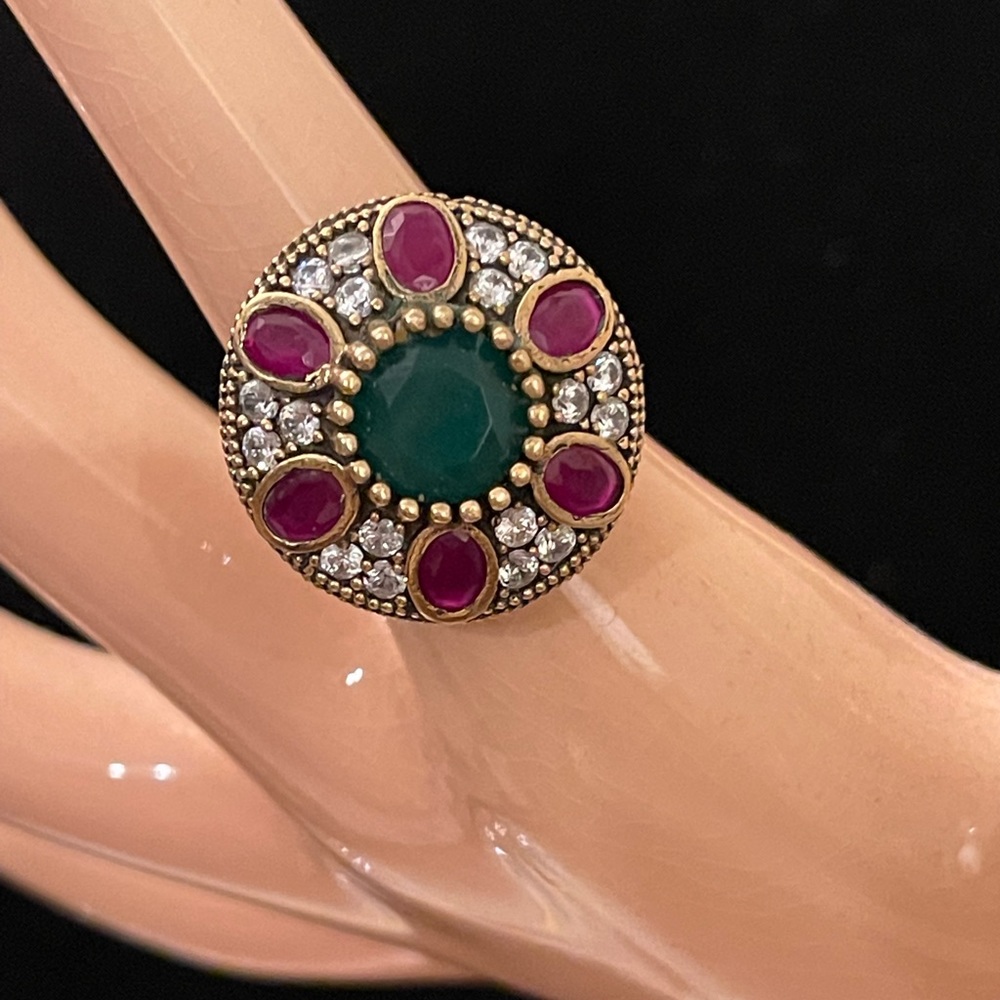 Vintage style silver ring with red and green stones, size 8